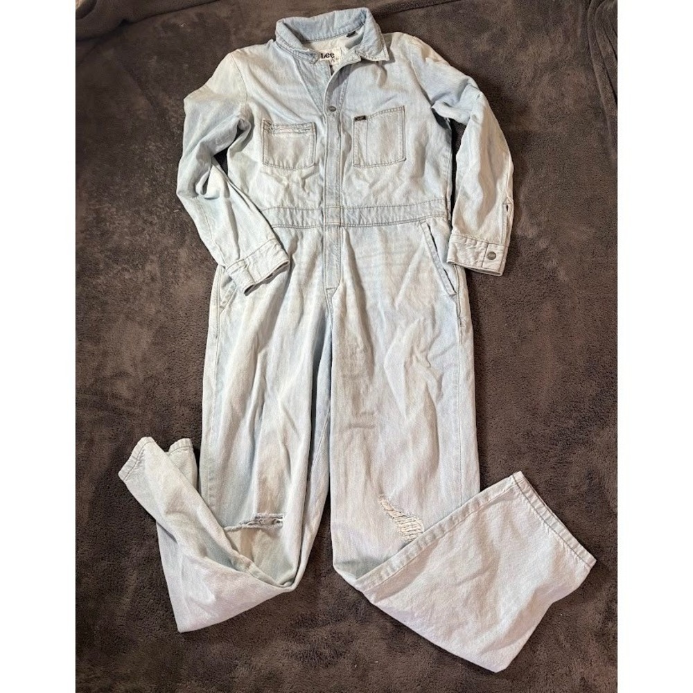 Lee Union-Alls Light Wash Distressed Denim Coverall Jumpsuit Mens Medium